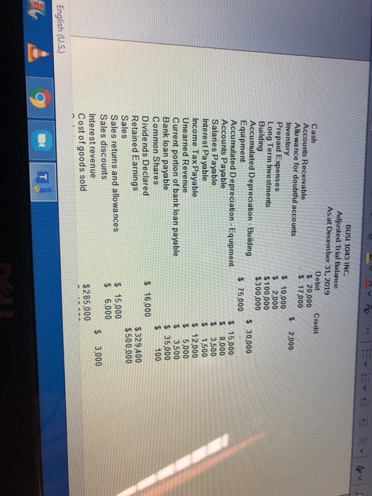 -- BUSI 1043 INC Adjusted Trial Balance As at December 31, 2019 Debit Credit Cash $ 20,000 Accounts Receivable Allowance for