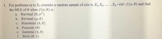 1. For problems (a to f), consider a random sample of size n, iid f (x; 0) and find the MLE of θ when f(x:0) is: a. Normal (θ, σ*) b. Normal (1,0) c. Binomial (k, e) d. Poisson (8) e. Gamma (4,0) f. Beta (0,1)