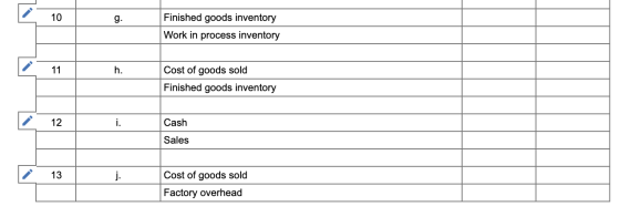 10 g. Finished goods inventory Work in process inventory 11 h. Cost of goods sold Finished goods inventory 12 i. Cash Sales ک