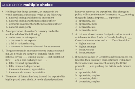 QUICK CHECK multiple choice 1. Holding other things constant, an increase in the world interest rate increases which of the f