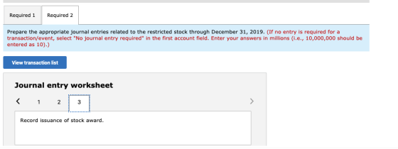Required 1 Required 2 Prepare the appropriate journal entries related to the restricted stock through December 31, 2019. (If