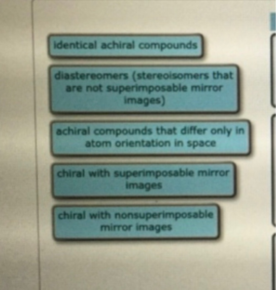 identical achiral compounds diastereomers (stereoisomers that are not superimposable mirror Images) achiral compounds that di