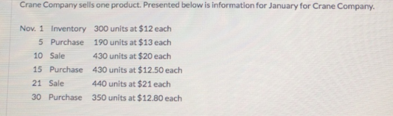 Crane Company sells one product. Presented below is information for January for Crane Company. Nov. 1 Inventory 300 units at