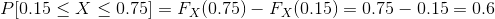 P(0.15 < X < 0.75] = Fx(0.75) - Fx(0.15) = 0.75 -0.15 = 0.6