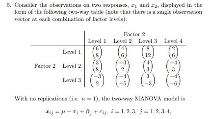 5. Consider the observations on two responses, ri and r2, displayed in the form of the following two-way table (note that there is a single observation vector at each combination of factor levels): Factor 2 Level 1 Level 2 Level 3 Level4 Level 1 6 12 Factor 2 Level 2 (3 Level 3 3 with no replications (i.e. n = 1), the two-way MANOVA model is Zij = μ +Ti + β, +Ej, i=1,2, 3. j = 1.2.3.4.