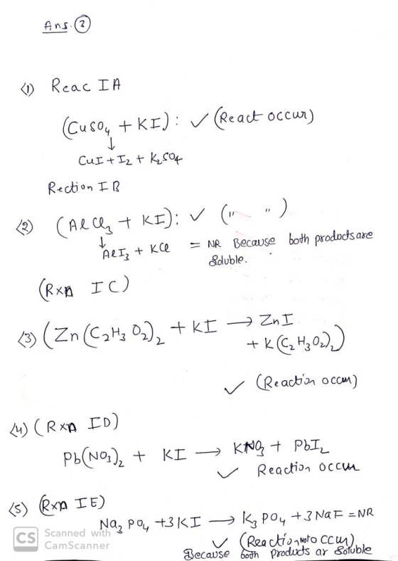- 1 Reac IA (cusou +KI): ✓ React occur) CUI + Iz + K₂504 Rection IB Soluble- • Calckx + KI): v ( ). he I, + kce = NR Becaus