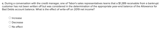 c. During a conversation with the credit manager, one of Tabors sales representatives learns that a $1,289 receivable from a