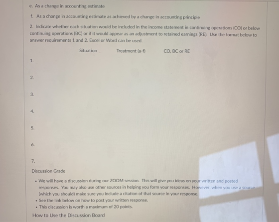 e. As a change in accounting estimate f. As a change in accounting estimate as achieved by a change in accounting principle 2