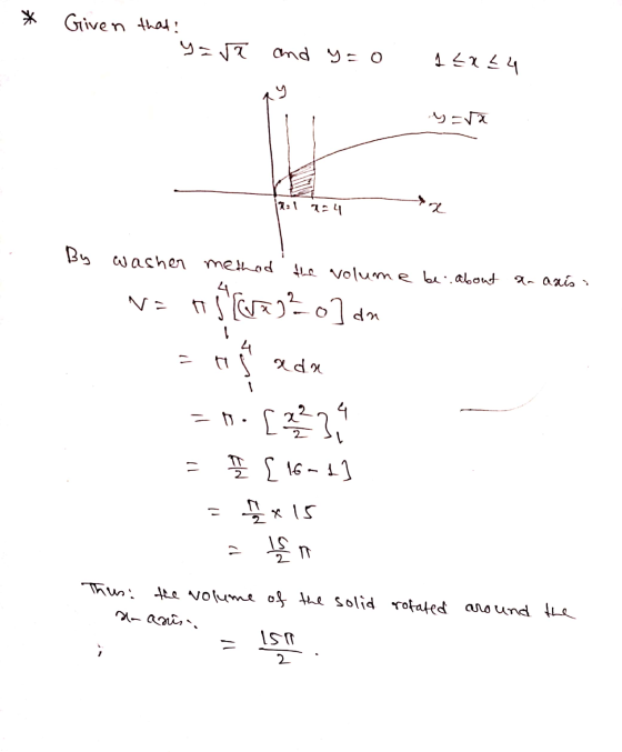 * Given that! y = ra and y=0 14x24 nara 1721 724 By washer method the volume be about an axis Na nj wag?o]da =ts adre =.[22.1