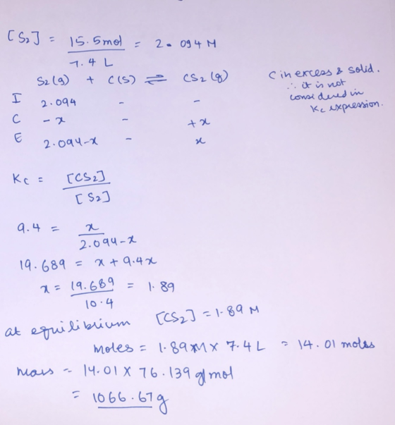 [S₂] = 15.5mol = 20 094 M 7.4 L S2(g) + ((5) € CS2 (8) I 2.094 - c -x - E 2.094- - cinexcess & solid. : it is not considered