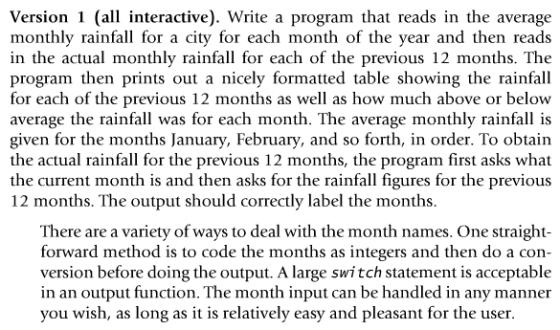 Image for Version 1 (all interactive). Write a program that reads in the average monthly rainfall for a city for each mo