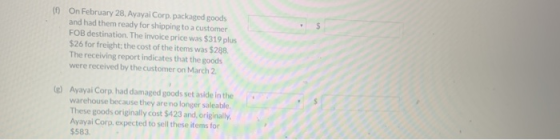 () On February 28, Ayayai Corp. packaged goods and had them ready for shipping to a customer FOB destination. The invoice pri