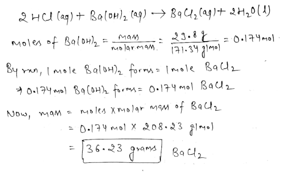 2 HCl (aq) + Ba(OH)2 (aq) → BaCl2(99)+ 2H2011) moles of Balon)= mamman = 2.9L 20.174mol - molarmam. 171-30 ygimol By ren, Imo