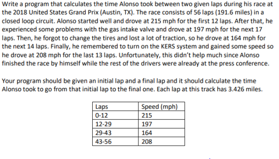 Write a program that calculates the time Alonso took between two given laps during his race at the 2018 United States Grand P