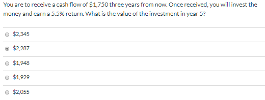 You are to receive a cash flow of $1,750 three years from now. Once received, you will invest the money and earn a 5.5% retur