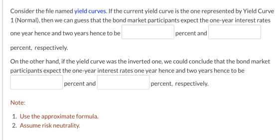 Consider the file named yield curves. If the current yield curve is the one represented by Yield Curve 1 (Normal), then we ca