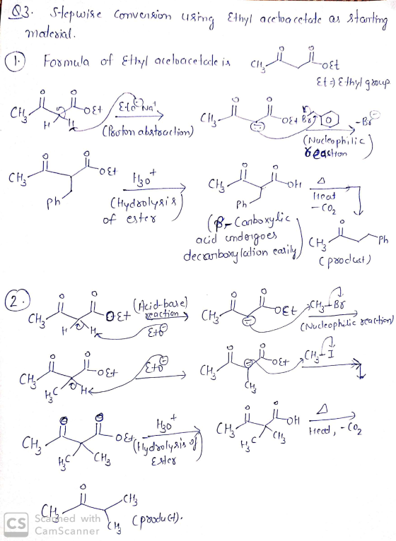 03. Slepwise conversion using Ethyl acetoacetate as starting material. ☺ Formula of Ethyl aceloace feele in cui Lot CO Et =)