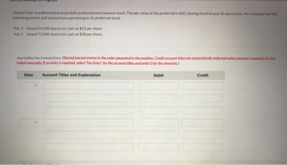 Ayayal Corp. is authorized to issue both preferred and common stock. The par value of the preferred is $50. During the first