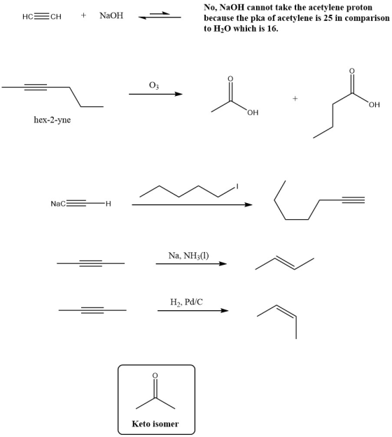 No, NaOH cannot take the acetylene proton because the pka of acetylene is 25 in comparison to H20 which is 16. NAOH HC CH OH