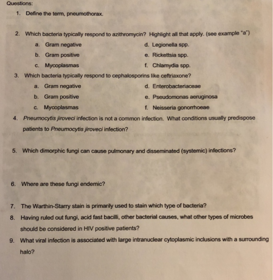 Questions: 1. Define the term, pneumothorax. 2. Which bacteria typically respond to azithromycin? Highlight all that apply. (