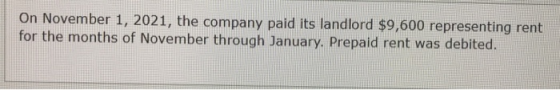 On November 1, 2021, the company paid its landlord $9,600 representing rent for the months of November through January. Prepa