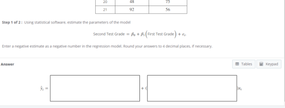 2048 9256 Step 1 of 2: Using statistical software, estimate the parameters of the model Second Test Grade = Bo + Bi(First Tes