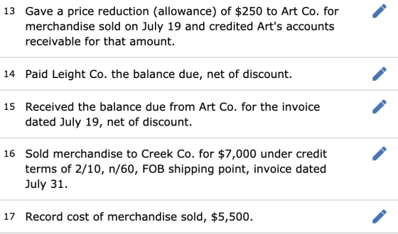 13 Gave a price reduction (allowance) of $250 to Art Co. for merchandise sold on July 19 and credited Arts accounts receivab