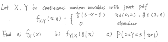 Let X, Y be continuous random variabies with joint pdf w Ś(6-7-7) 36(0,2), 9€ (24) 1 Exiy (x,y) = { o elsewhere Find as fx (x