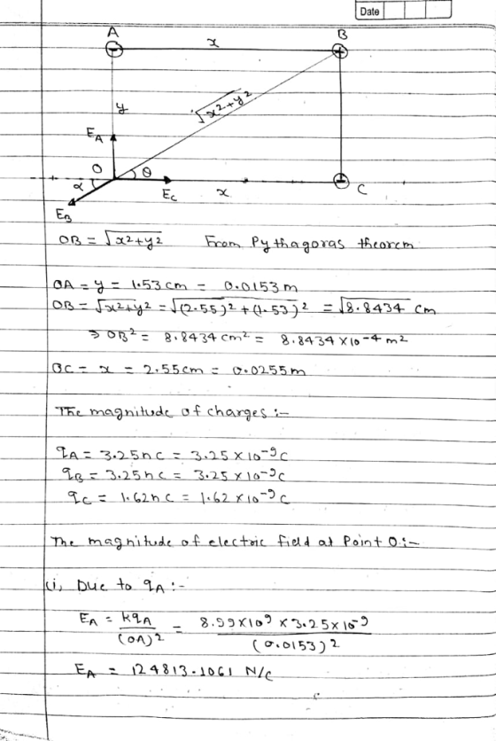 Date 노 Ec En Aーで 1.53cm -55 )2. .0255m The nitudc cf charge go 3.25 h 3.25 x 10-20 he maghihde of electic fed a Pointo on ( o.0153) 2