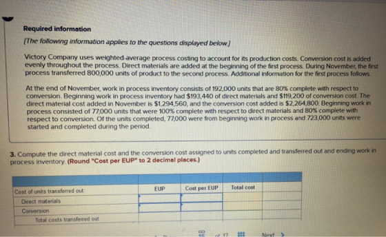Required information (The following information applies to the questions displayed below] Victory Company uses weighted-avera