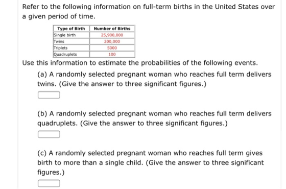 Refer to the following information on full-term births in the United States over a given period of time. Type of Birth Number of Births Single birth Twins Triplets Quadruplets 25,900,000 200,000 5000 100 Use this information to estimate the probabilities of the following events. (a) A randomly selected pregnant woman who reaches full term delivers twins. (Give the answer to three significant figures.) (b) A randomly selected pregnant woman who reaches full term delivers quadruplets. (Give the answer to three significant figures.) (c) A randomly selected pregnant woman who reaches full term gives birth to more than a single child. (Give the answer to three significant figures.)