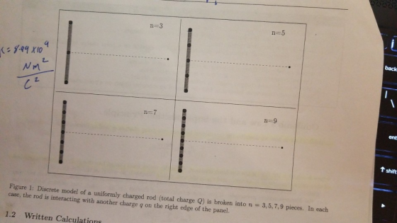 n=3 back (s У.qq X10 Nm 2. ent T shift Figure 1: Discrete model of a uniformly charged rod (total charge Q) is broken into n case, the rod is interacting with another charge q on the right edge of the panel. 3,5,7,9 pieces. In each 1.2 Written Calculation