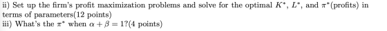 ii) Set up the firms profit maximization problems and solve for the optimal K*, L*, and 7* (profits) in terms of parameters(
