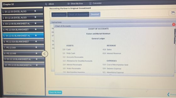 Chapter 12 Calculator eBook * Show Me How Recording Partners Original Investment Instructions Chart of Accounts Joumal 1. EX