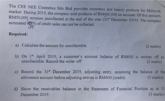 The CEE NEE Cosmetics Sdn Bhd provides cosmetics and beauty products for Malaysia market. During 2019, the company sold produ