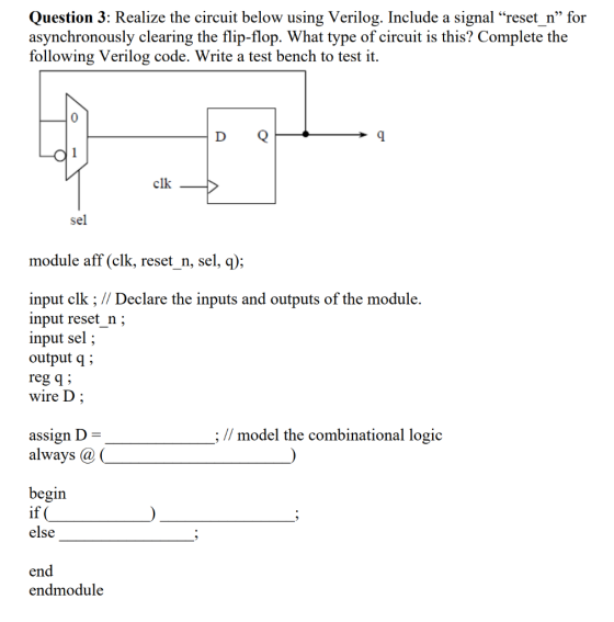 Question 3: Realize the circuit below using Verilog. Include a signal “reset_n” for asynchronously clearing the flip-flop. Wh