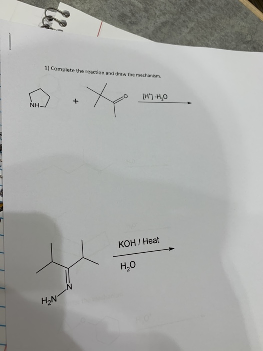 1) Complete the reaction and draw the mechanism 0 [H*) -H,O кон / Heat ETTI Н,0 HANT