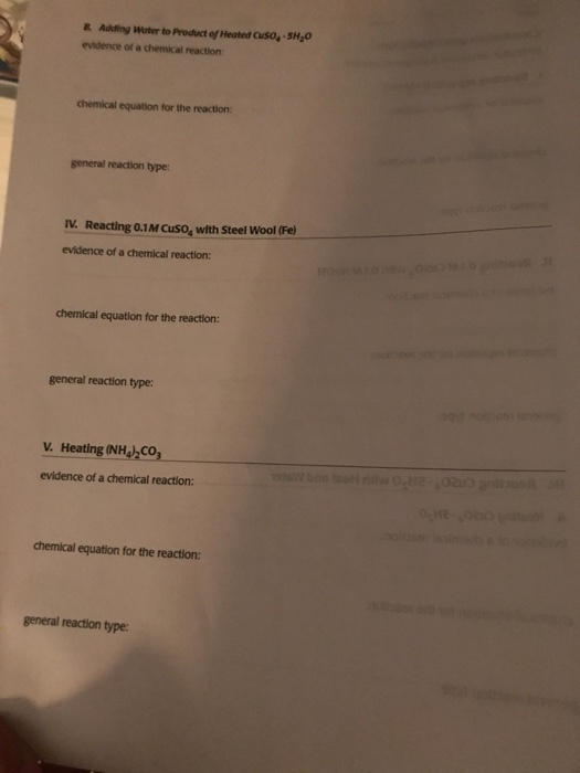 Adding Woter to Product of Heated Cus0,-5Hg0 & evidence of a chemical reaction chemical equation for the reactlon general rea