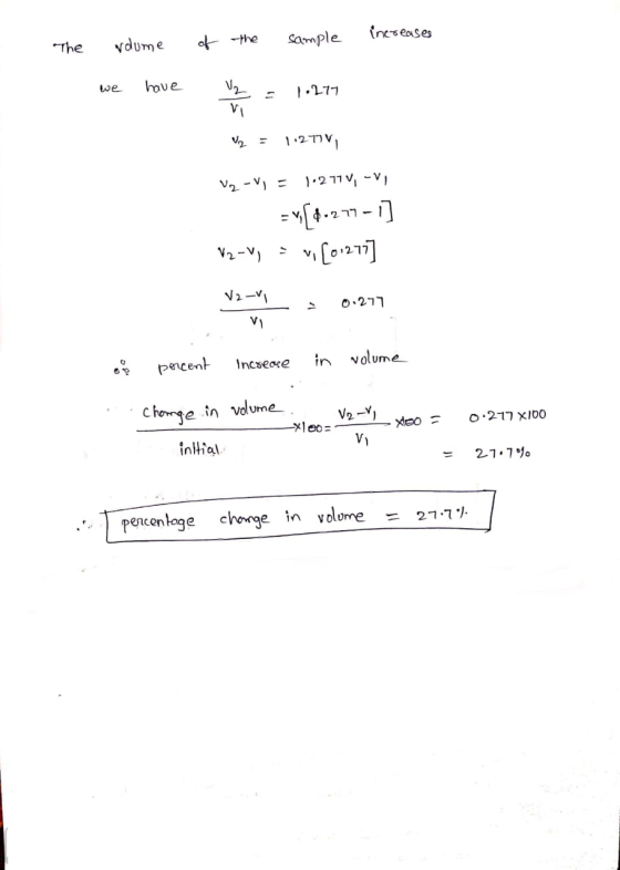 The roume of the sample increases we have - 1.277 12 = 1. 27V V2 -VI = 1.211V, -V, --[4-277-1] V2-V = m [0217] v2 = 0.211 8 p