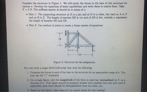 Consider the structure in Figure 3. We will study the forces in the bars of this structure for various a. Develop the equatio