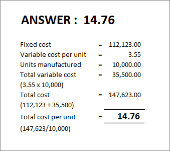 ANSWER: 14.76 = 112, 123.00 = = 10,000.00 35,500.00 Fixed cost Variable cost per unit Units manufactured Total variable cost