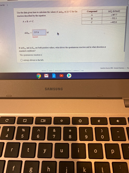 of 25 > Use the data given here to calculate the values of AG at 25 C for the reaction described by the equation Compound A A