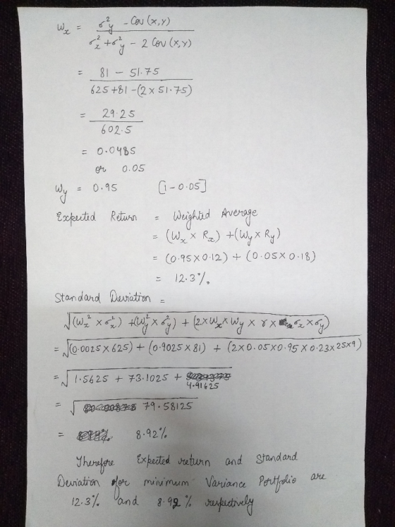 - Con (x,y) toy - 2 Cov (x,y) 81 - 51.75 625+81-(2x 51.75) = 29.25 602.5 = 0.0485 or 0.05 Wy = 0.95 (1-0.05] Expected Return