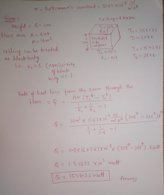 anns conot Gniven Height = 3m loor anta A 4x4- Ti=308K ceiling can be treated o black body ie. ei Cemissiviy f blacle po Rafe 엄 heat loss tres n thi hoom through the 4 15 3822 xowo Arve