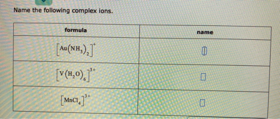 Name the following complex ions. formula name 0 [Au(NH,), [V(1,0))** [Mncı,]**