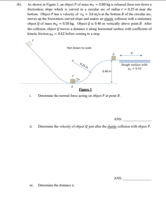 (6) As shown in Figure 1, an object P of mass mp = 0.80 kg is released from rest down a frictionless slope which is curved in