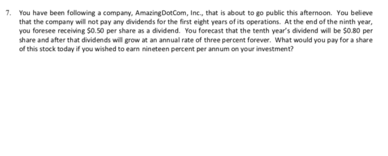 7. You have been following a company, Amazing DotCom, Inc., that is about to go public this afternoon. You believe that the c