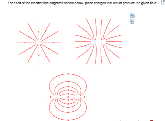 Image for For each of the electric field diagrams shown below, place charges that would produce the given field.