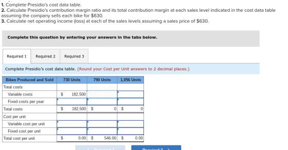 1. Complete Presidios cost data table. 2. Calculate Presidios contribution margin ratio and its total contribution margin a