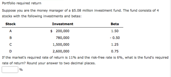 Portfolio required return Suppose you are the money manager of a 5.08in nvestment fund. The fund consists of 4 stocks with the following investments and betas Stock Investment $200,000 780,000 1,500,000 2,600,000 Beta 1.50 -0.50 1.25 0.75 If the markets required rate of return is 11% and the risk-free rate is 6%, what is the funds required rate of return? Round your answer to two decimal places.